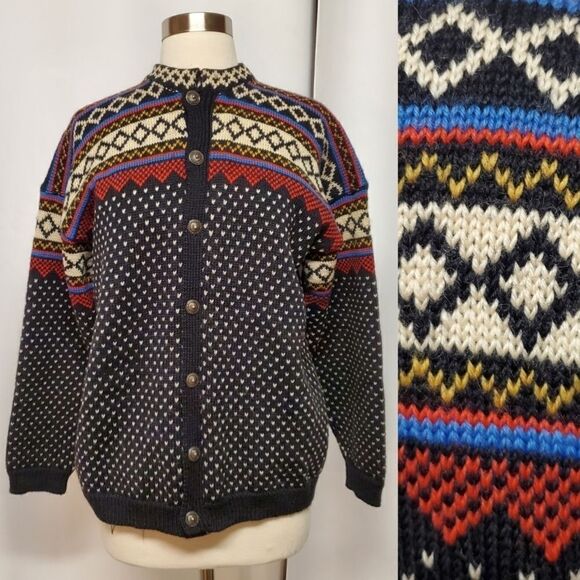 Vintage Handmade Wool Blend? Fair Isle Knit Cottagecore Button Cardigan Sweater - Picture 1 of 9
